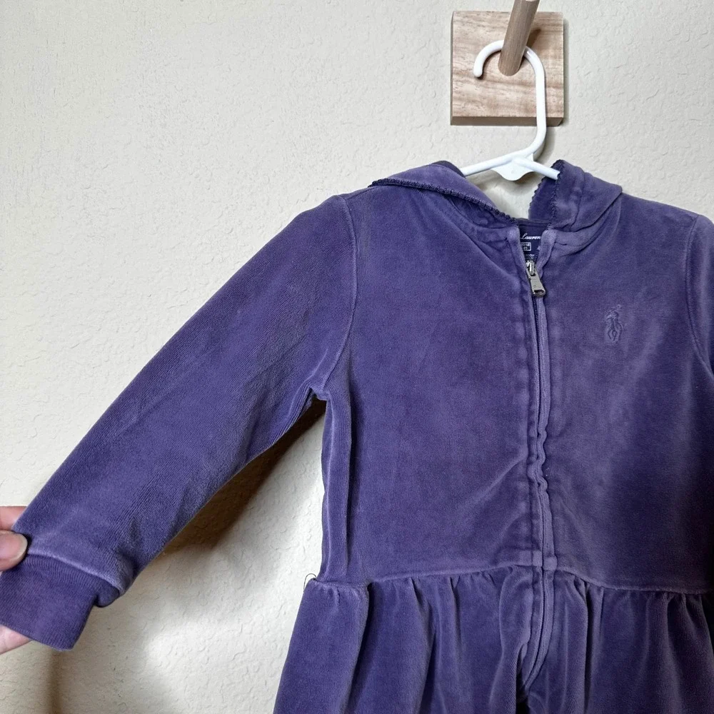 Ralph Lauren Girls Purple Velour Peplum Full Zip Hoodie Sweatshirt 18M